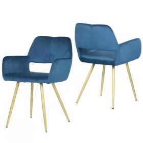 Set of 2 Modern Blue Velvet Upholstered Dining Chair with Gold Metal Legs