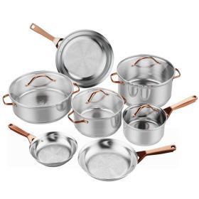 11 Piece Stainless Steel Kitchen Cookware Set Gold Handles