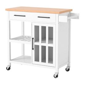 White Kitchen Island Cart with Wood Top Storage Cabinet and Locking Casters