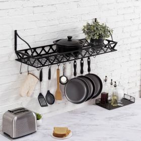 Black Metal Rectangular Wall Mounted Kitchen Pot Rack with 12 Hanging Hooks