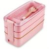 1 set 3-in-1 Bento Box Set - Microwave and Dishwasher Safe Lunch Box with Dividers and Utensils - Perfect for School, Travel, and Snacks - Pink