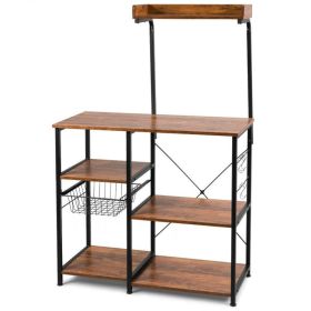 4-tier Kitchen Baker's Rack with Basket and 5 Hooks - Brown