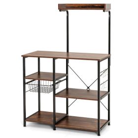 4-tier Kitchen Baker's Rack with Basket and 5 Hooks - Dark Brown