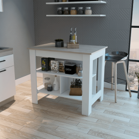 Brooklyn Antibacterial Surface Kitchen Island; Three Concealed Shelves - White / Light Gray