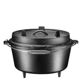 Pre-seasoned Cast Iron Dutch Oven with Flanged Iron Lid for Campfire or Fireplace Cooking; Flat Bottom 8-qt - black