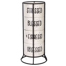 White and Black Speckled Sentiment Espresso Stoneware Mugs with Rack, 4 8 oz - Home Essentials