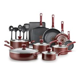 Easy Care Nonstick Cookware, 20 Piece Set, Grey, Dishwasher Safe - Red