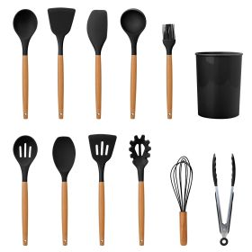 11Pcs Silicone Cooking Utensil Set Heat Resist Wooden Handle Silicone Spatula Turner Ladle Spaghetti Server Tongs - Black