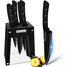 Kitchen Knife Set, 6 Pieces Black Stainless Steel Sharp Chef Knife with Acrylic Stand, Non-stick Coating Block Knife Set for Home Restaurant Apartment