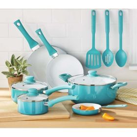 Ceramic Nonstick 12 Piece Cookware Set, Teal Ombre, Hand Wash Only - Aluminum