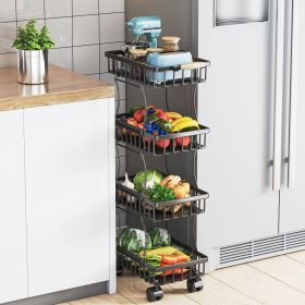 4 Tier Fruit Vegetable Basket for Kitchen, Storage Cart, Vegetable Basket Bins, Wire Storage Organizer Utility Cart with Wheels, Medium, Black - black