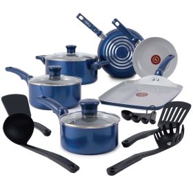 Kitchen Solutions 14-Piece Ceramic Non-Stick Cookware Set, Blue - Blue