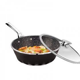 Amercook Flame Series Black Wok Maifan Stone Non-Stick Wok with Lid A28BK Healthy Non-Stick Light Oil and Less Smoke 28cm - Black