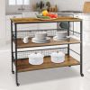 Rolling Kitchen Storage Trolley Island with Large Open Shelves and Large Countertop; 3 Tier Kitchen Bread Rack with 10 Hooks; Stable Steel Constructio