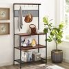 4-Tier Kitchen Rack Stand with Hooks and Mesh Panel - Black,brown